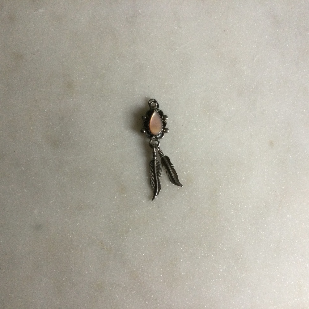 Sterling Silver Pink Mother of Pearl Feather Necklace Pendant - Picture 2 of 4